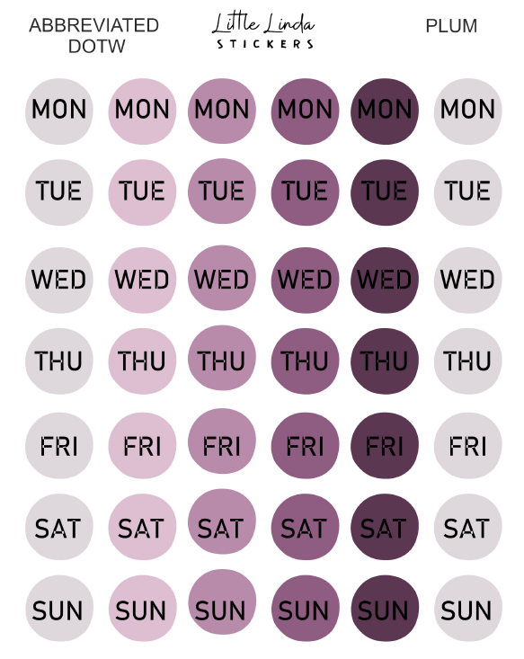 2027 | Days of the Week Dots | The Basic Edit planner stickers, Plum / Glossy